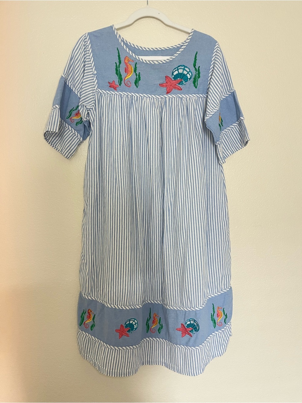Grandmacore Vintage House Dress Muumuu Beach Striped Embroidered Beach Cover Up